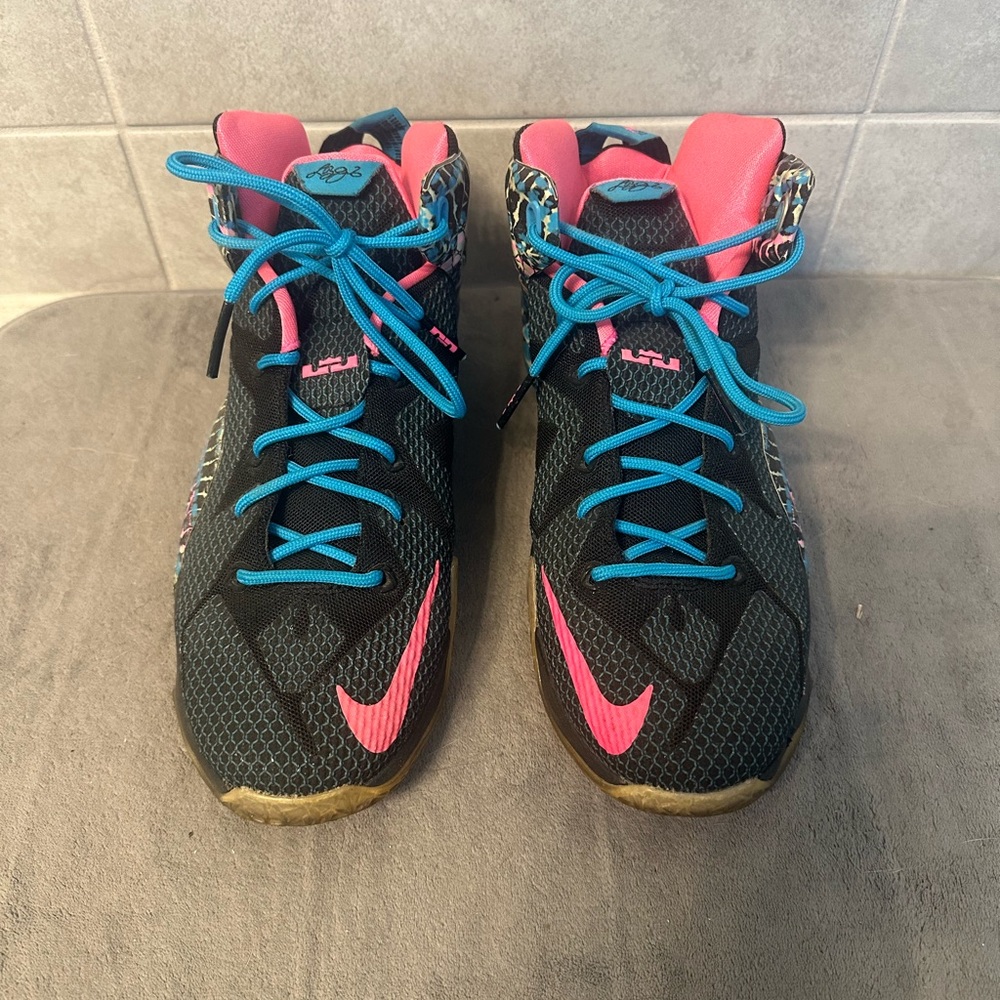 Nike LeBron 12 Black with Pink and Blue Accents. Rare and in good condition.